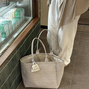 Geantă tote din pânză cu dungi în contrast, capacitate mare, potrivită pentru uz zilnic, navetă și la școală