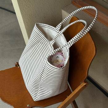 Geantă tote din pânză cu dungi în contrast, capacitate mare, potrivită pentru uz zilnic, navetă și la școală