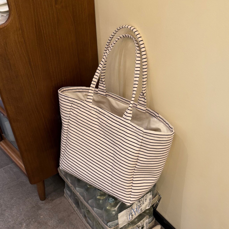 Geantă tote din pânză cu dungi în contrast, capacitate mare, potrivită pentru uz zilnic, navetă și la școală