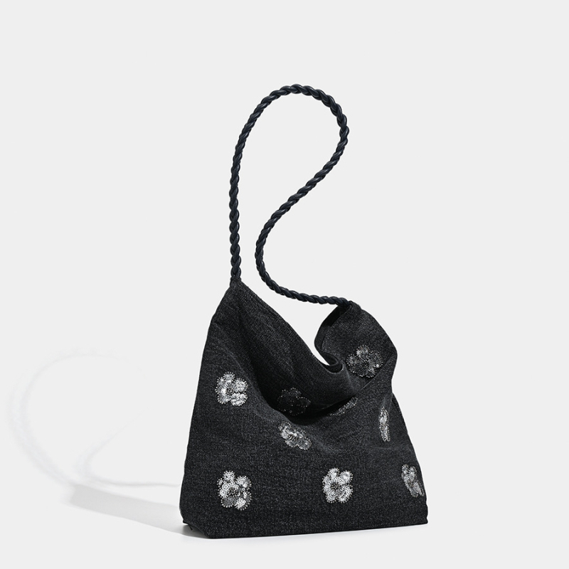 Denim bucket torba sa sequin ukrasom, magnetsko zatvaranje, platnena podstava, gradski stil