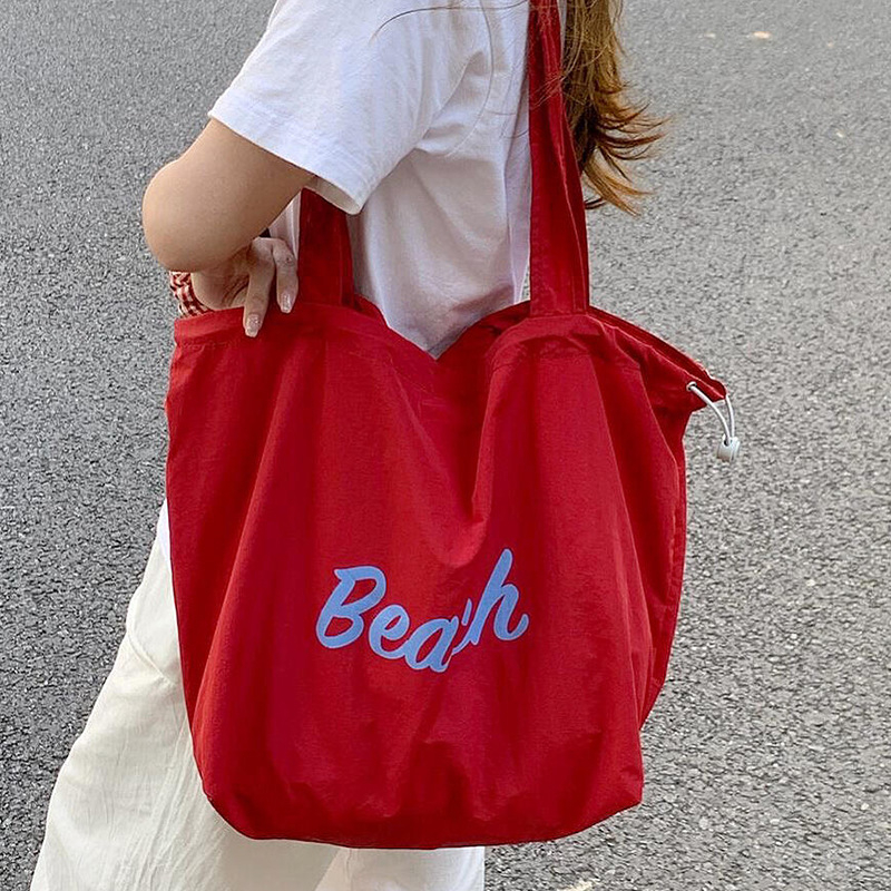 Korilai Geantă de umăr din nailon, cu șnur, tip tote, buzunar cu fermoar, formă orizontală pătrată, bretelele duble