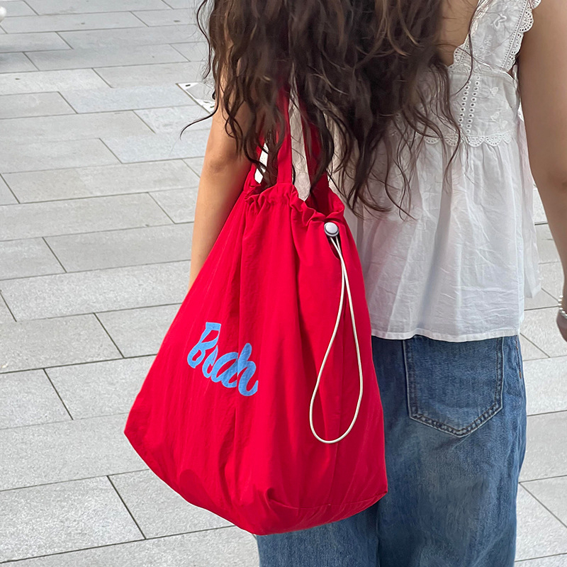 Korilai Geantă de umăr din nailon, cu șnur, tip tote, buzunar cu fermoar, formă orizontală pătrată, bretelele duble