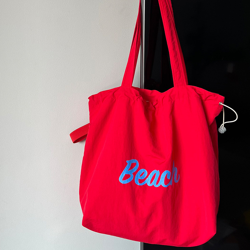 Korilai Geantă de umăr din nailon, cu șnur, tip tote, buzunar cu fermoar, formă orizontală pătrată, bretelele duble