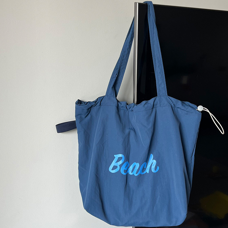 Korilai Geantă de umăr din nailon, cu șnur, tip tote, buzunar cu fermoar, formă orizontală pătrată, bretelele duble