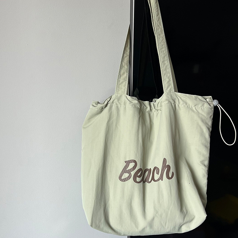 Korilai Geantă de umăr din nailon, cu șnur, tip tote, buzunar cu fermoar, formă orizontală pătrată, bretelele duble