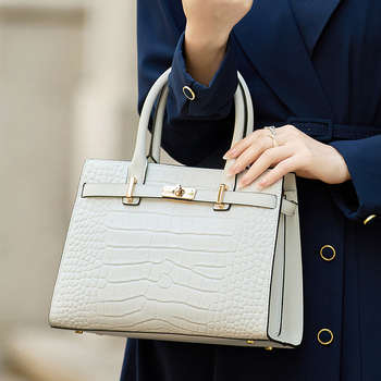 Geantă crossbody pentru femei, din piele naturală cu model crocodil, stil Kelly, închidere cu fermoar, buzunare interioare (buzunar cu fermoar, buzunar pentru telefon, buzunăr pentru laptop), formă orizontal pătrată