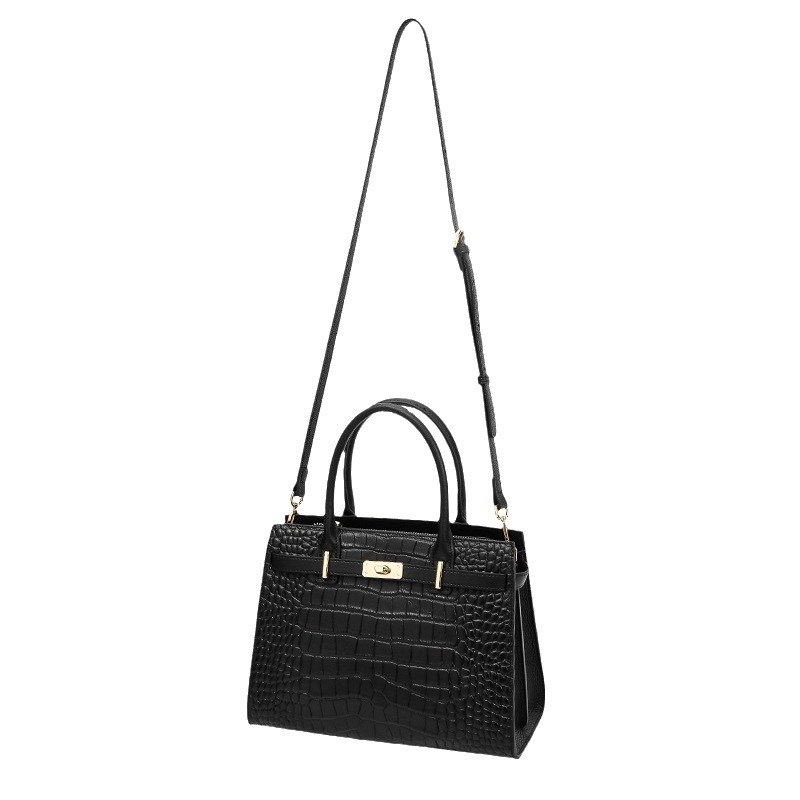 Geantă crossbody pentru femei, din piele naturală cu model crocodil, stil Kelly, închidere cu fermoar, buzunare interioare (buzunar cu fermoar, buzunar pentru telefon, buzunăr pentru laptop), formă orizontal pătrată