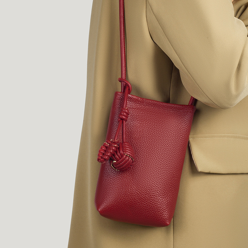 Geantă de telefon pentru femei din piele — stil urban simplu, primul strat de piele de vacă, formă bucket, compartiment pentru telefon în interior, căptușeală moale