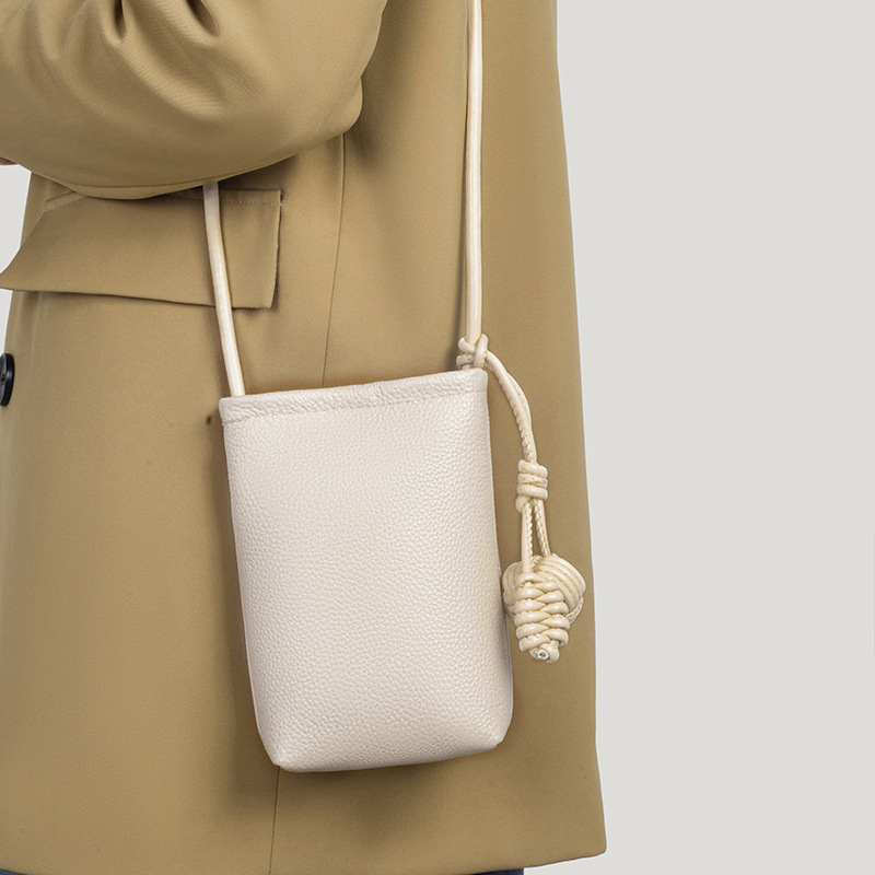 Geantă de telefon pentru femei din piele — stil urban simplu, primul strat de piele de vacă, formă bucket, compartiment pentru telefon în interior, căptușeală moale