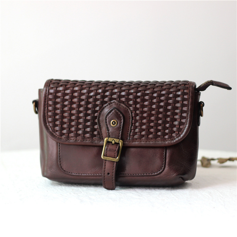 Moteriška kryžminė rankinė iš aukštos kokybės veršienos odos, rankų darbo austas, užtrauktuko kišenė, medvilninis pamušalas