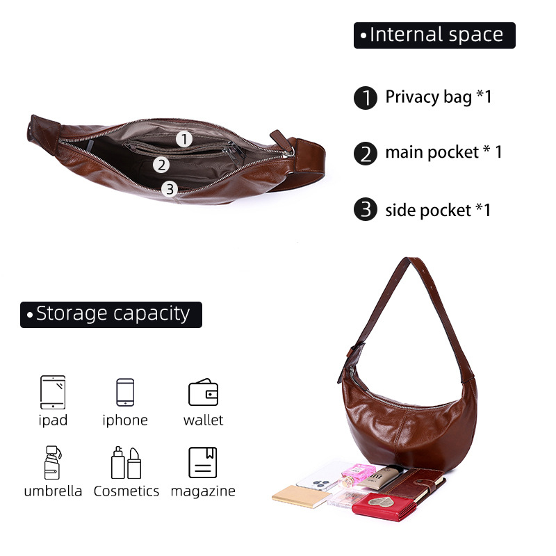 Moteriška pečių rankinė gatvės stiliaus, dumpling formos oda iš pirmojo sluoksnio, užtrauktukas užsegimas, vidinė laminuota kišenė