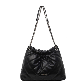 Geantă de tip găleată cu curea din lanț, PU material, stil urban minimalist, design cu capac, buzunar cu fermoar și buzunar pentru telefon