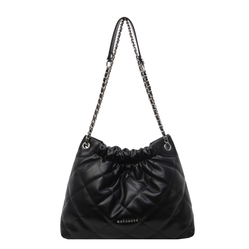 Geantă de tip găleată cu curea din lanț, PU material, stil urban minimalist, design cu capac, buzunar cu fermoar și buzunar pentru telefon