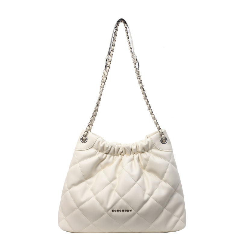 Geantă de tip găleată cu curea din lanț, PU material, stil urban minimalist, design cu capac, buzunar cu fermoar și buzunar pentru telefon