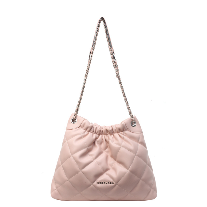 Geantă de tip găleată cu curea din lanț, PU material, stil urban minimalist, design cu capac, buzunar cu fermoar și buzunar pentru telefon