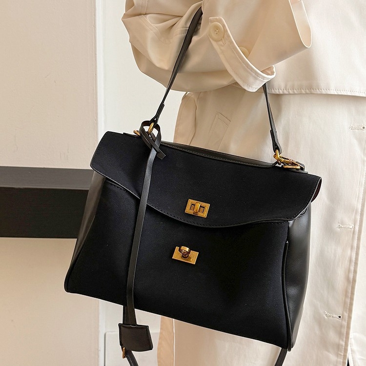 Geantă tote din PU pentru afaceri cu căptușeală din nailon, formă orizontală pătrată, închidere cu lacăt, buzunare interioare: fermoar, telefon și ID, două mânere