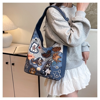 Női válltáska aranyos kutyás mintával, friss és édes stílus, Oxford anyag, cipzáras zárás, egypántos