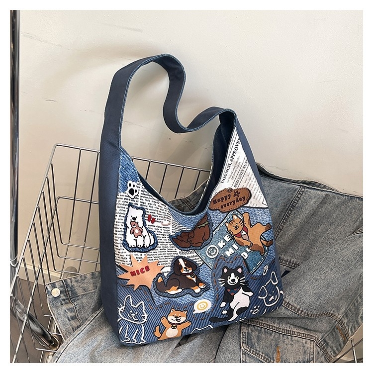 Női válltáska aranyos kutyás mintával, friss és édes stílus, Oxford anyag, cipzáras zárás, egypántos