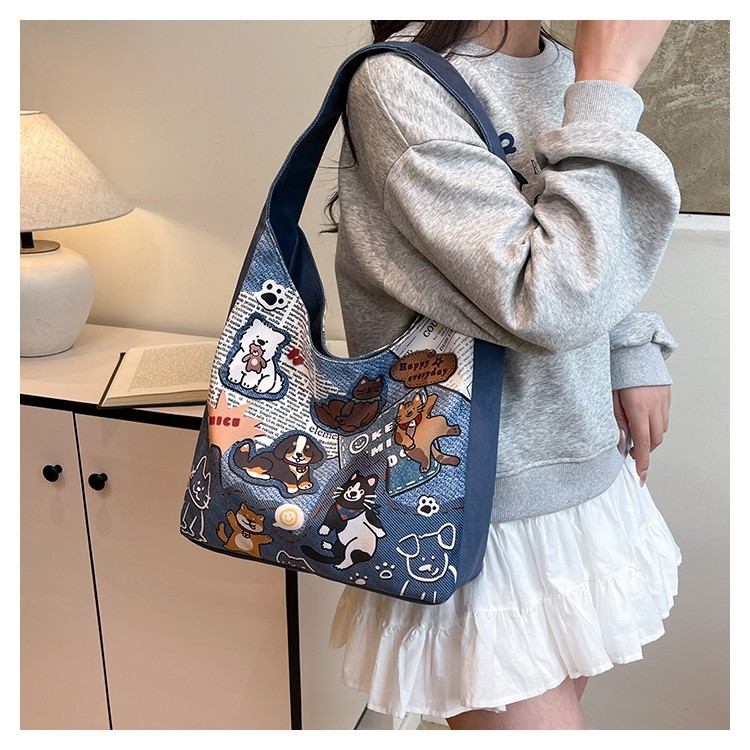 Női válltáska aranyos kutyás mintával, friss és édes stílus, Oxford anyag, cipzáras zárás, egypántos