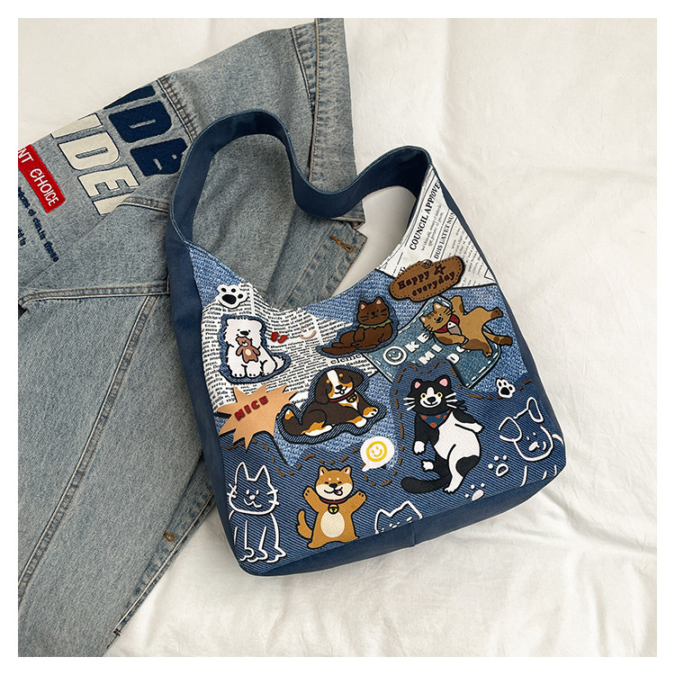 Női válltáska aranyos kutyás mintával, friss és édes stílus, Oxford anyag, cipzáras zárás, egypántos