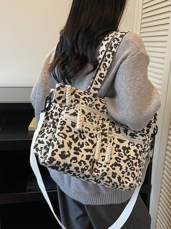 Geantă Tote leopard pentru femei — geantă de umăr cu fermoar, material Oxford, căptușeală din poliester, buzunare interioare (cu fermoar și buzunar pentru telefon), formă orizontală pătrată, textură moale