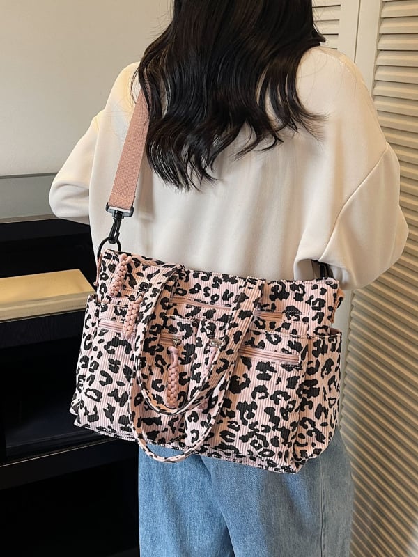 Geantă Tote leopard pentru femei — geantă de umăr cu fermoar, material Oxford, căptușeală din poliester, buzunare interioare (cu fermoar și buzunar pentru telefon), formă orizontală pătrată, textură moale