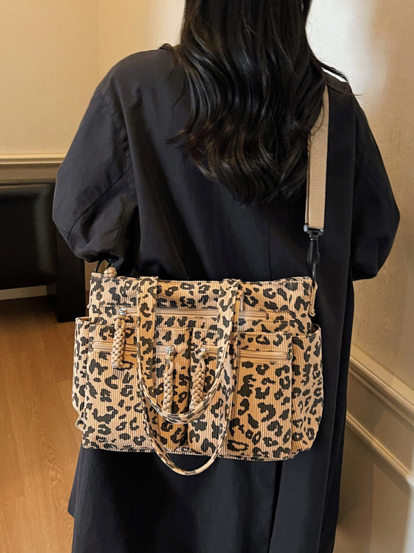 Geantă Tote leopard pentru femei — geantă de umăr cu fermoar, material Oxford, căptușeală din poliester, buzunare interioare (cu fermoar și buzunar pentru telefon), formă orizontală pătrată, textură moale