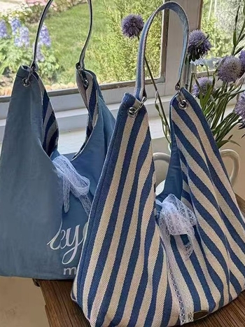 Ženska platnena tote torba s dvostrukim prugama, velika zapremina, svakodnevna torba za rame, Oxford podstava