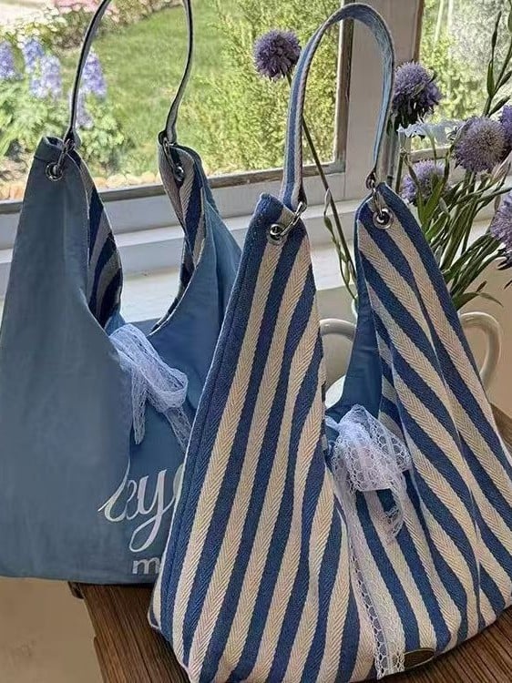 Ženska platnena tote torba s dvostrukim prugama, velika zapremina, svakodnevna torba za rame, Oxford podstava