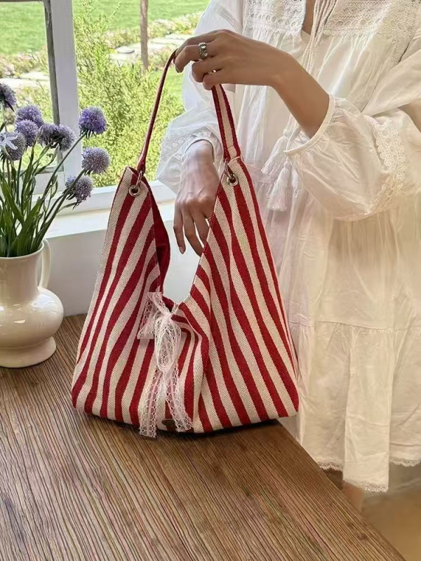 Ženska platnena tote torba s dvostrukim prugama, velika zapremina, svakodnevna torba za rame, Oxford podstava