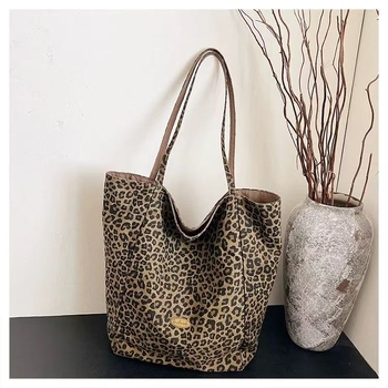 Geantă de femei din material Oxford cu imprimeu leopard — deschidere sus, formă orizontală pătrată, textură moale, buzunar pentru telefon și buzunar intern