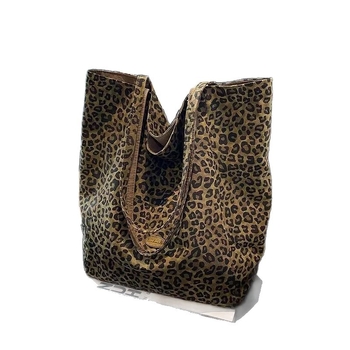 Geantă de femei din material Oxford cu imprimeu leopard — deschidere sus, formă orizontală pătrată, textură moale, buzunar pentru telefon și buzunar intern