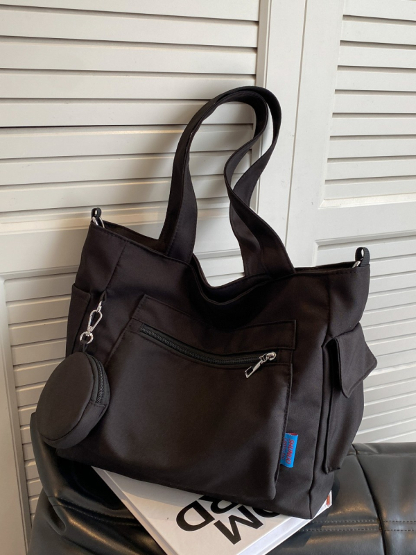 Oxford tote torba s kopčom na zip, vodoravni kvadratni oblik, unutarnja džep s zipom, meka, jedna naramenica