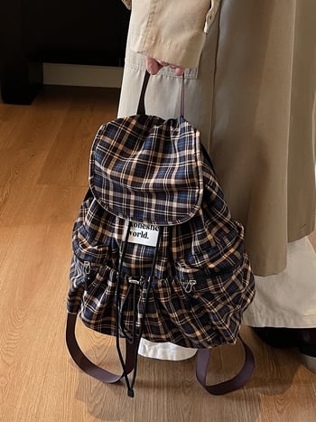 Ženski ruksak s velikim kapacitetom i kariranim uzorkom – Oxford platno, zatvaranje poklopcem, unutarnja pretinica na zatvarač, poliester podstava, gradski stil, Zima 2025