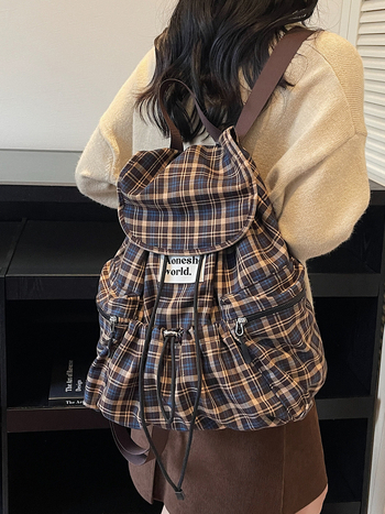 Ženski ruksak s velikim kapacitetom i kariranim uzorkom – Oxford platno, zatvaranje poklopcem, unutarnja pretinica na zatvarač, poliester podstava, gradski stil, Zima 2025