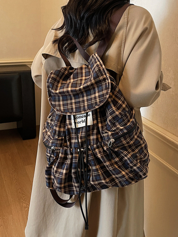 Ženski ruksak s velikim kapacitetom i kariranim uzorkom – Oxford platno, zatvaranje poklopcem, unutarnja pretinica na zatvarač, poliester podstava, gradski stil, Zima 2025