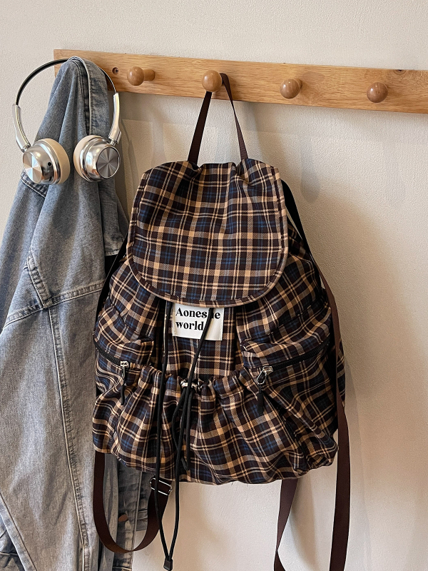 Ženski ruksak s velikim kapacitetom i kariranim uzorkom – Oxford platno, zatvaranje poklopcem, unutarnja pretinica na zatvarač, poliester podstava, gradski stil, Zima 2025