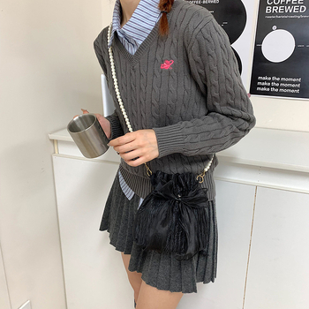 Crossbody bucket torba s mašnicom i lancem s perlama, korejski čipkasti stil, Oxford platno, zatvaranje šnuralom