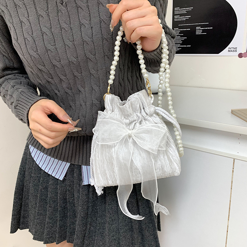 Crossbody bucket torba s mašnicom i lancem s perlama, korejski čipkasti stil, Oxford platno, zatvaranje šnuralom