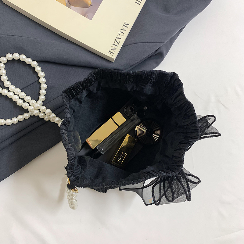 Crossbody bucket torba s mašnicom i lancem s perlama, korejski čipkasti stil, Oxford platno, zatvaranje šnuralom