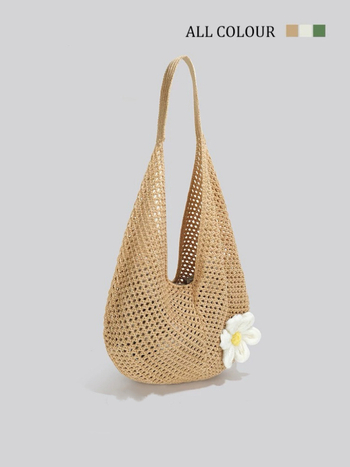 Uniszex szalma tote táska, kád formájú, nyitott tetejű