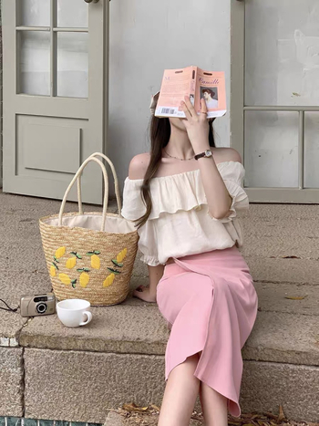 Kézzel készített szalma tote táska mangó hímzéssel, friss és édes stílus, húzózáras zárás, poliészter bélés