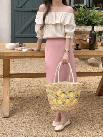 Kézzel készített szalma tote táska mangó hímzéssel, friss és édes stílus, húzózáras zárás, poliészter bélés