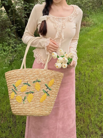 Kézzel készített szalma tote táska mangó hímzéssel, friss és édes stílus, húzózáras zárás, poliészter bélés