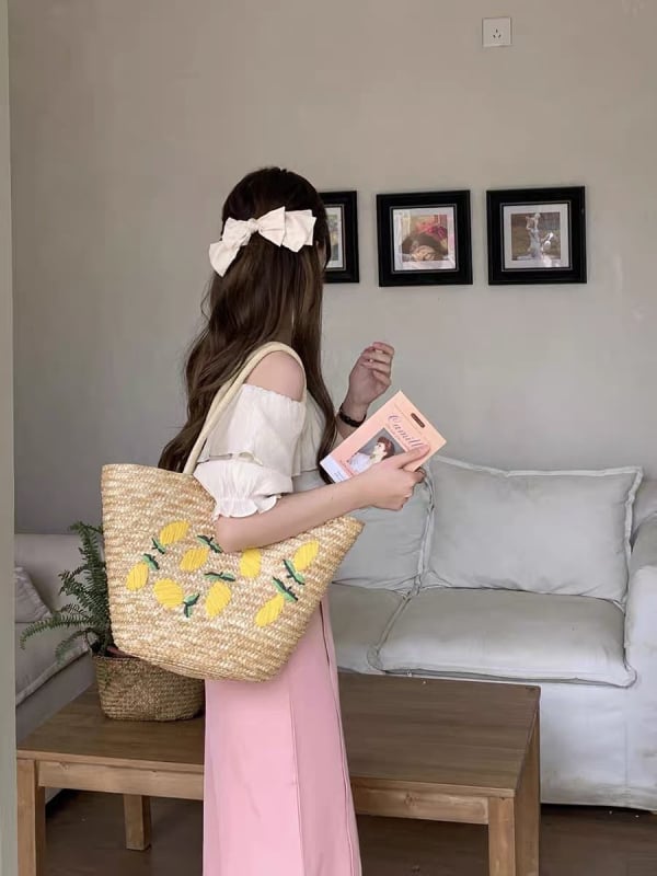 Kézzel készített szalma tote táska mangó hímzéssel, friss és édes stílus, húzózáras zárás, poliészter bélés