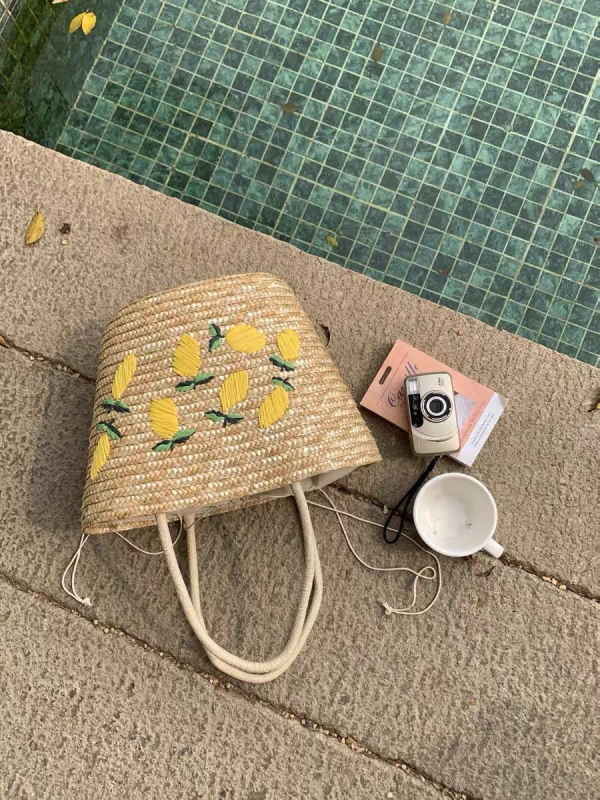 Kézzel készített szalma tote táska mangó hímzéssel, friss és édes stílus, húzózáras zárás, poliészter bélés