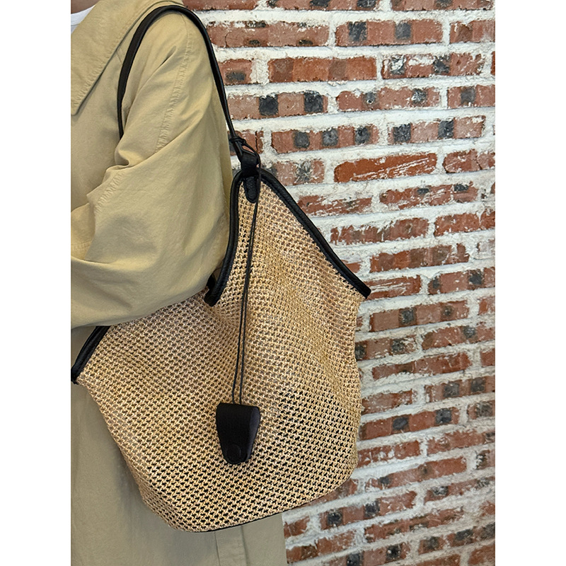 Tote torba od slame, horizontalni kvadratni oblik, unutarnja džep s zatvaračem, unisex stil, jednostavan remen
