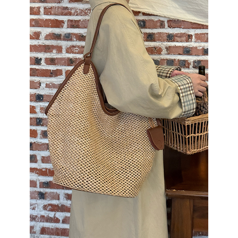 Tote torba od slame, horizontalni kvadratni oblik, unutarnja džep s zatvaračem, unisex stil, jednostavan remen