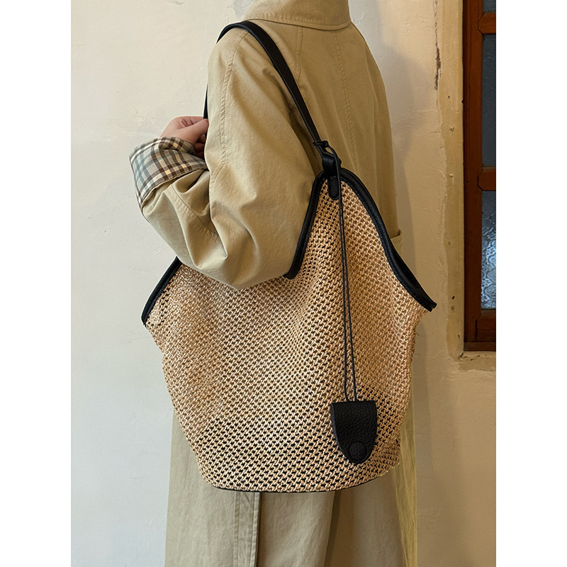 Tote torba od slame, horizontalni kvadratni oblik, unutarnja džep s zatvaračem, unisex stil, jednostavan remen
