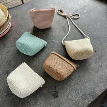 Geantă din pai pentru copii, crossbody — fermoar, capacitate mare, model fluture